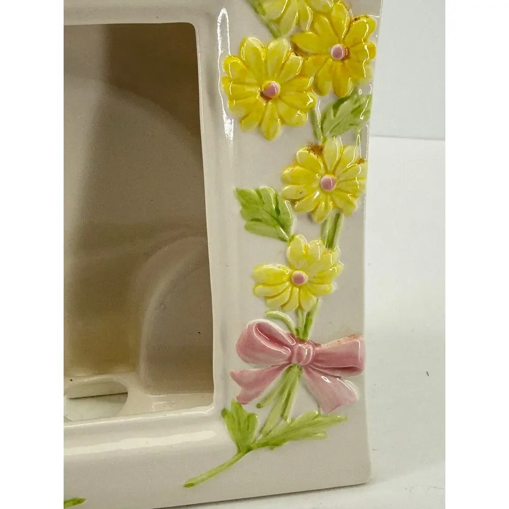 Ceramic Floral Picture Frame Yellow Daisy Pink Bow Cottagecore Holds 3x5 Photo